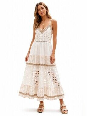 Me 2 Magic Boho Eyelet Maxi Dress Medium Cream Beige Crochet Beachy Sundress